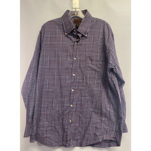 Born Mens Button Front Shirt Blue Brown Plaid Long Sleeve Handcrafted Size L A59